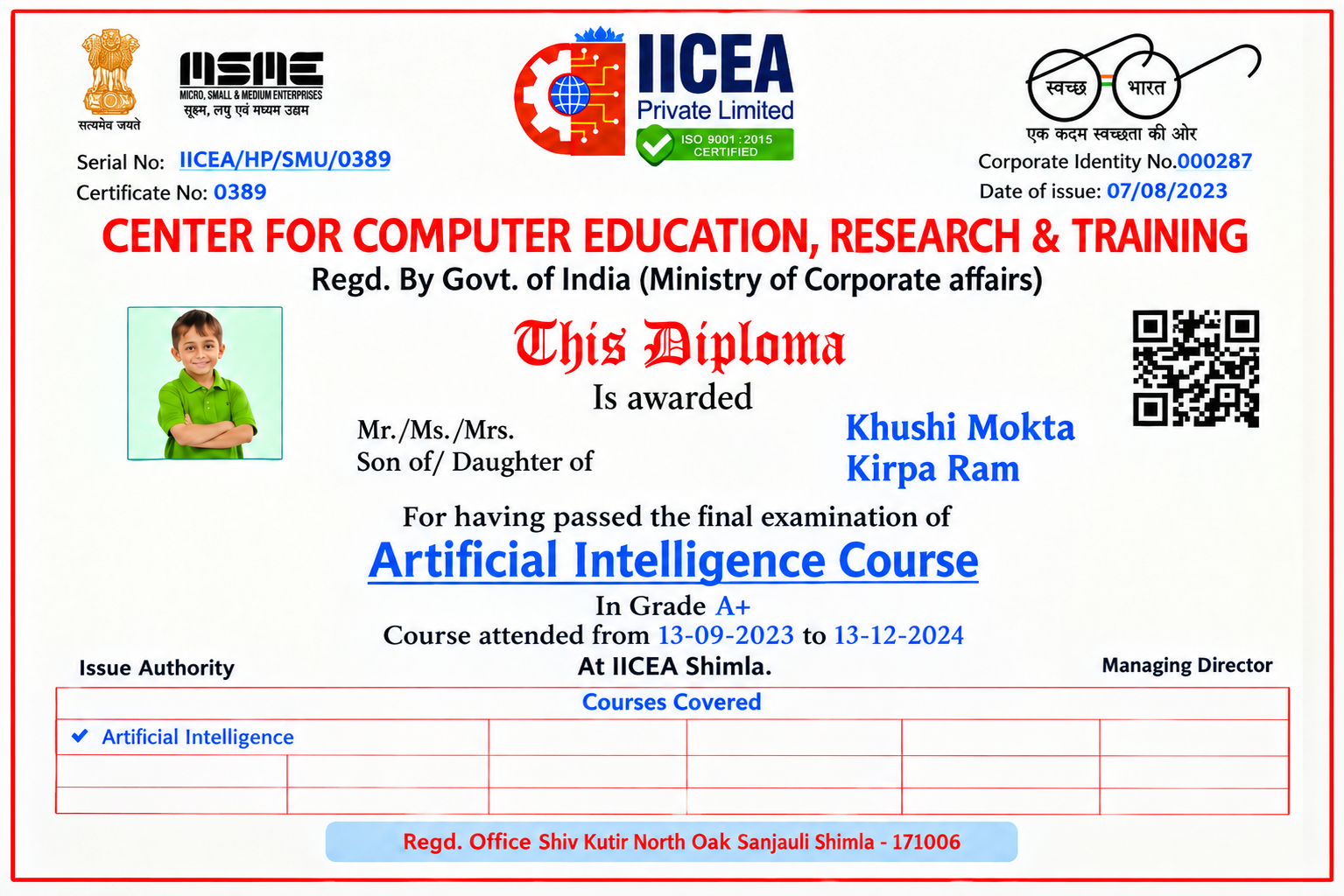 IICEA Artificial Intelligence course  Certificate